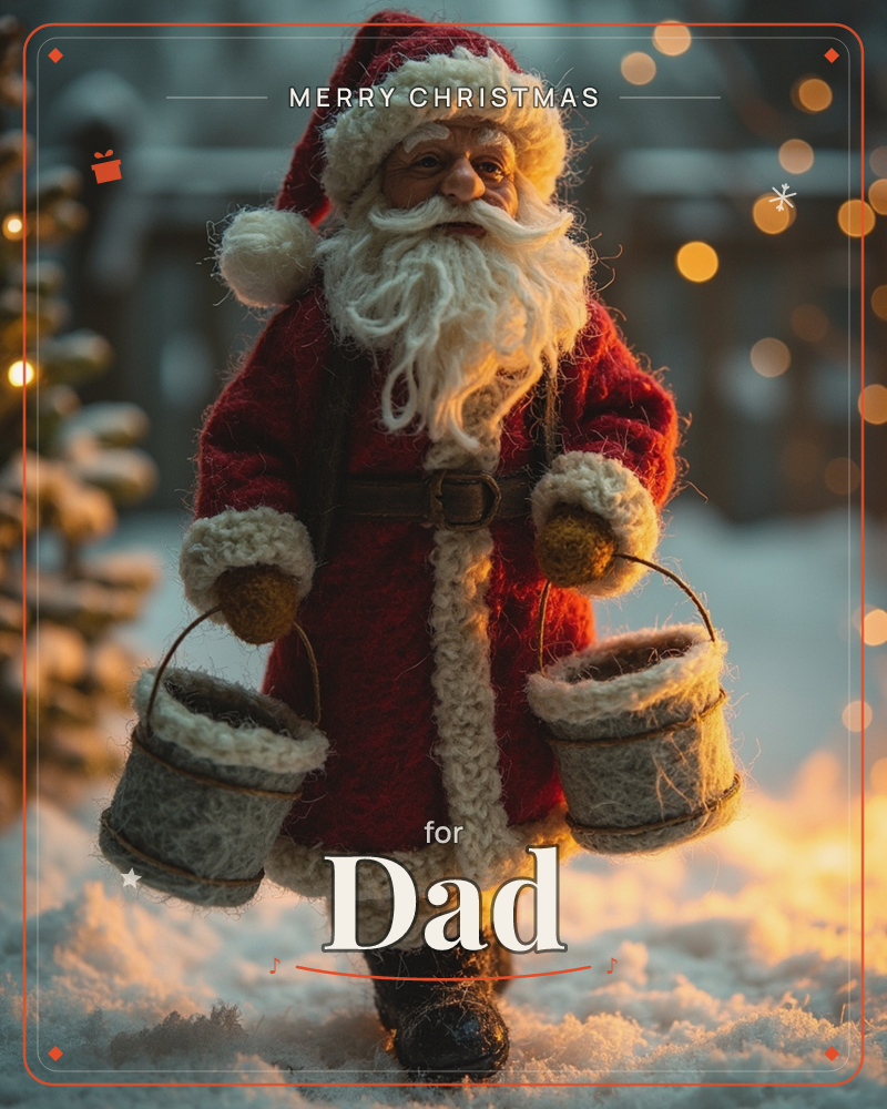 A felted wool Santa figure trudges through snow carrying two small knitted buckets, his white beard and fur trim rendered in soft looping stitches, a christmas e-card design