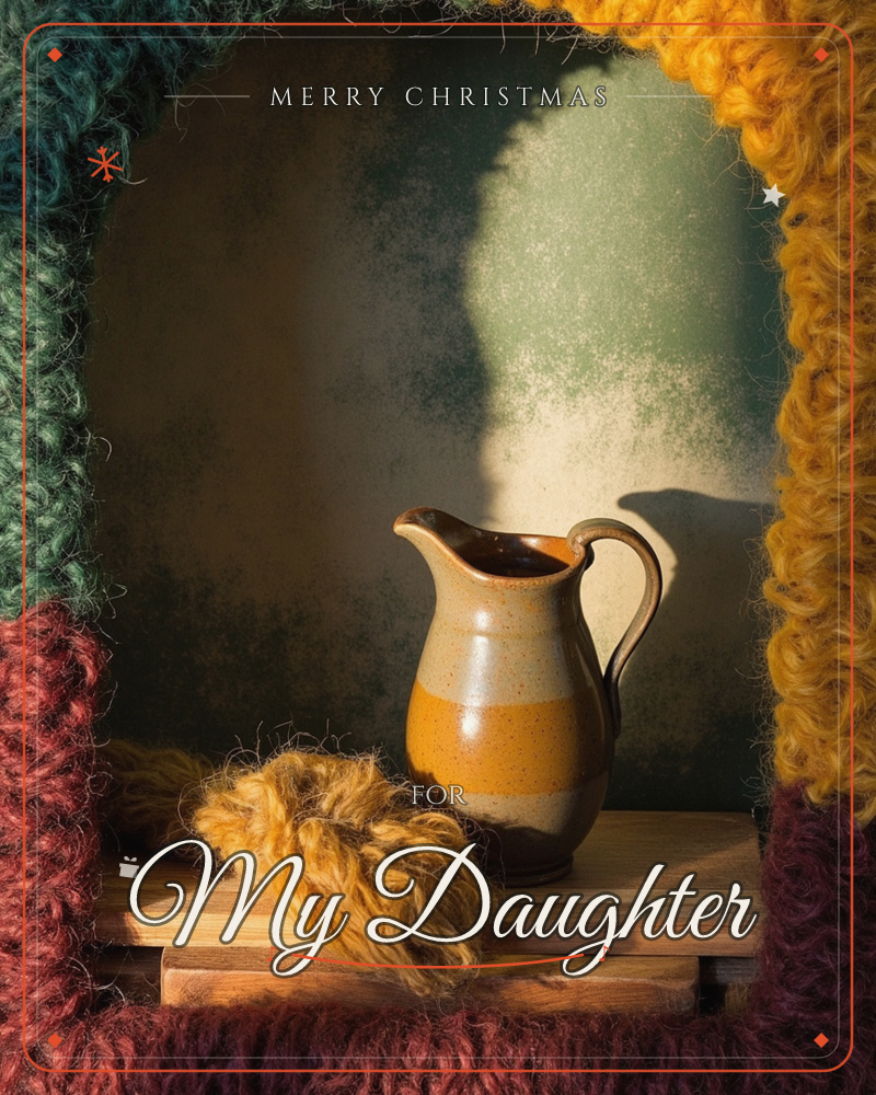 A stoneware jug sits on a rough wooden shelf against a mottled sage-green wall, its curved handle catching a soft slant of light, a christmas e-card design