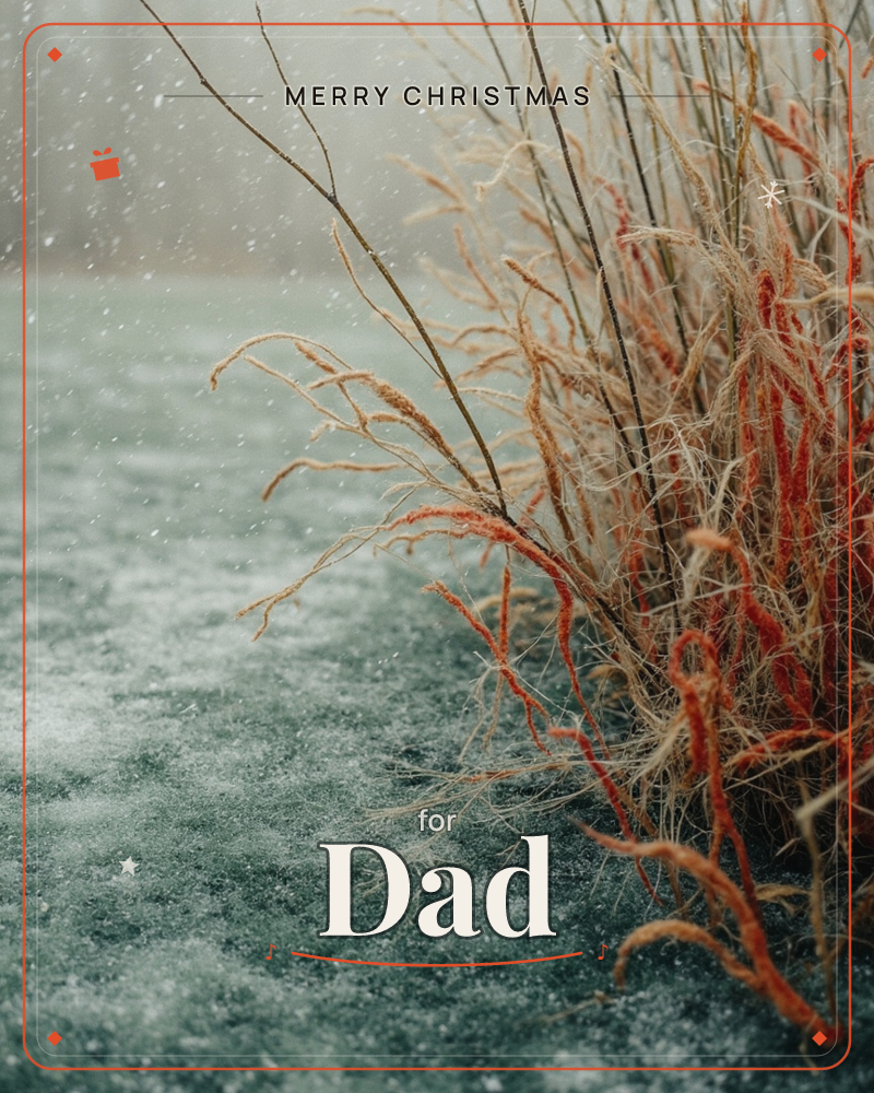 Tall reeds in rust and straw tones lean over a frozen, snow-dusted pond as fine snowflakes drift through the cold air, a christmas e-card design