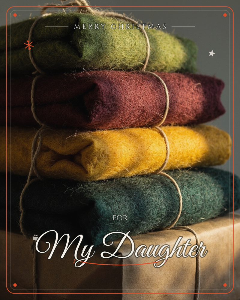 A stack of felted wool bundles in olive green, deep burgundy, mustard yellow and teal sits tied with rough twine, resting on a brown paper-wrapped box, a christmas e-card design