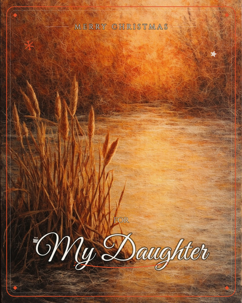 A tangle of dried reeds leans over a still river at sunset, the water glowing amber where it catches the light through bare autumn brush on the far bank, a christmas e-card design