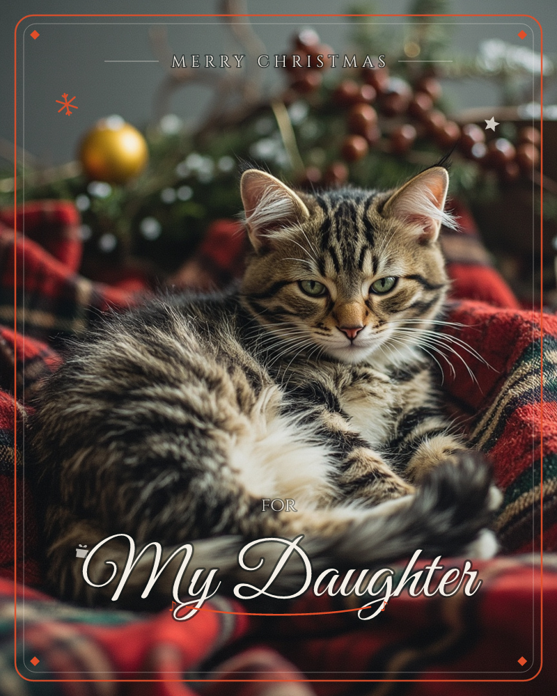 A striped tabby cat lies curled on a red tartan blanket, its green eyes fixed on the camera, a christmas e-card design