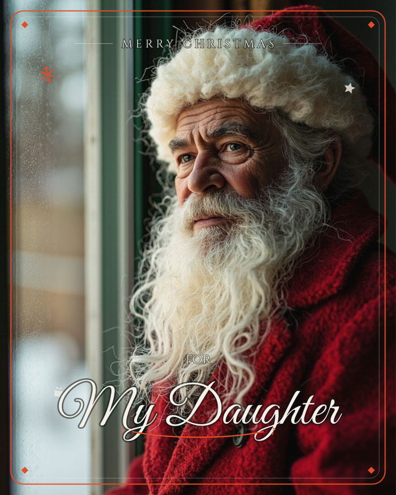 A man in a full Santa costume, red coat, fur-trimmed cap, long curling white beard, stands by a frosted window, gazing out at a snowy world beyond the glass, a christmas e-card design