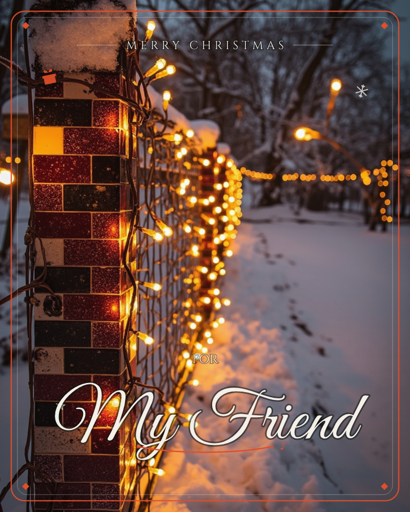 A brick fence post capped with snow leads into a chain-link fence strung with warm fairy lights, glowing gold against the blue dusk, a christmas e-card design