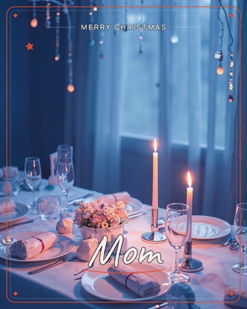 A candlelit table is set for a small gathering, with white plates, wine glasses, folded napkins and a low bowl of pale flowers arranged along a…, a christmas e-card design
