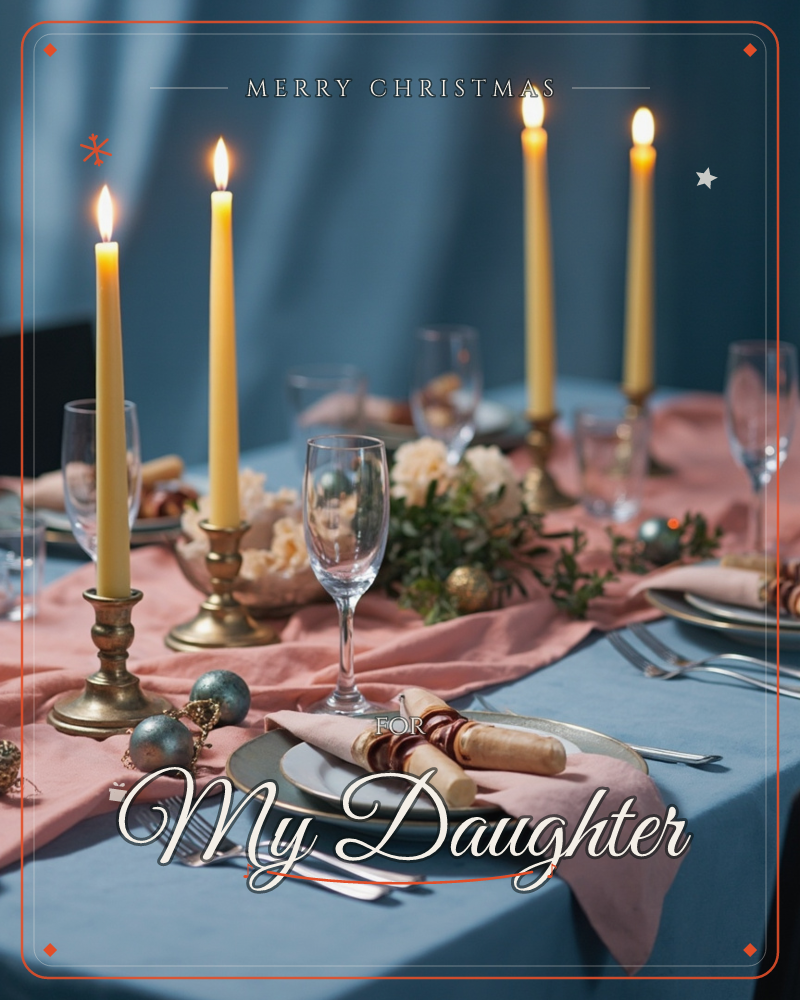 A formal dinner table is set with a dusty pink runner over a slate-blue cloth, four tall taper candles glowing in brass holders down its length, a christmas e-card design