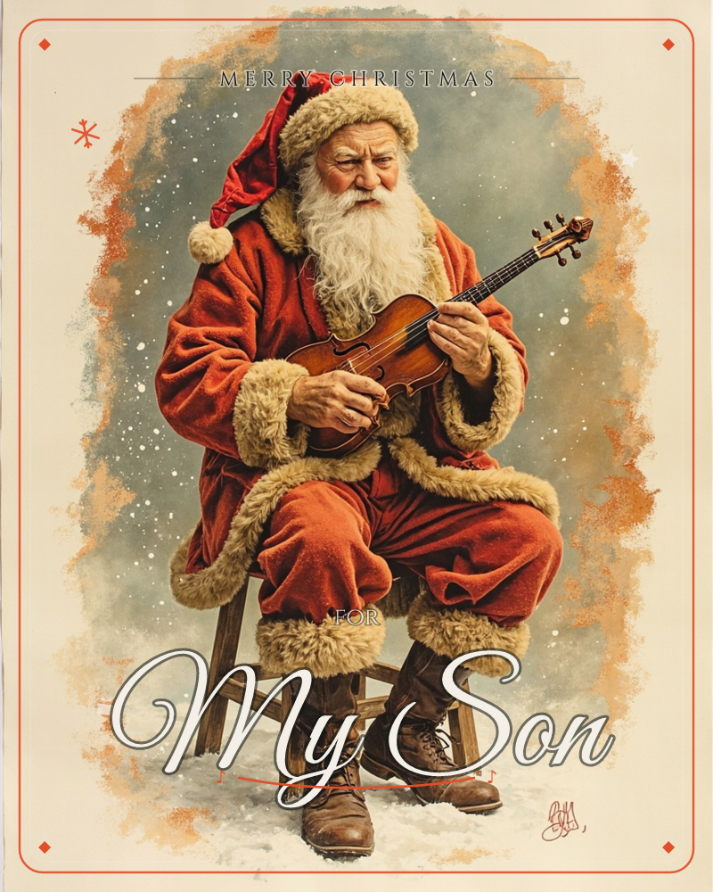 Santa Claus sits on a small wooden stool in falling snow, cradling a violin and plucking its strings with focused care, a christmas e-card design