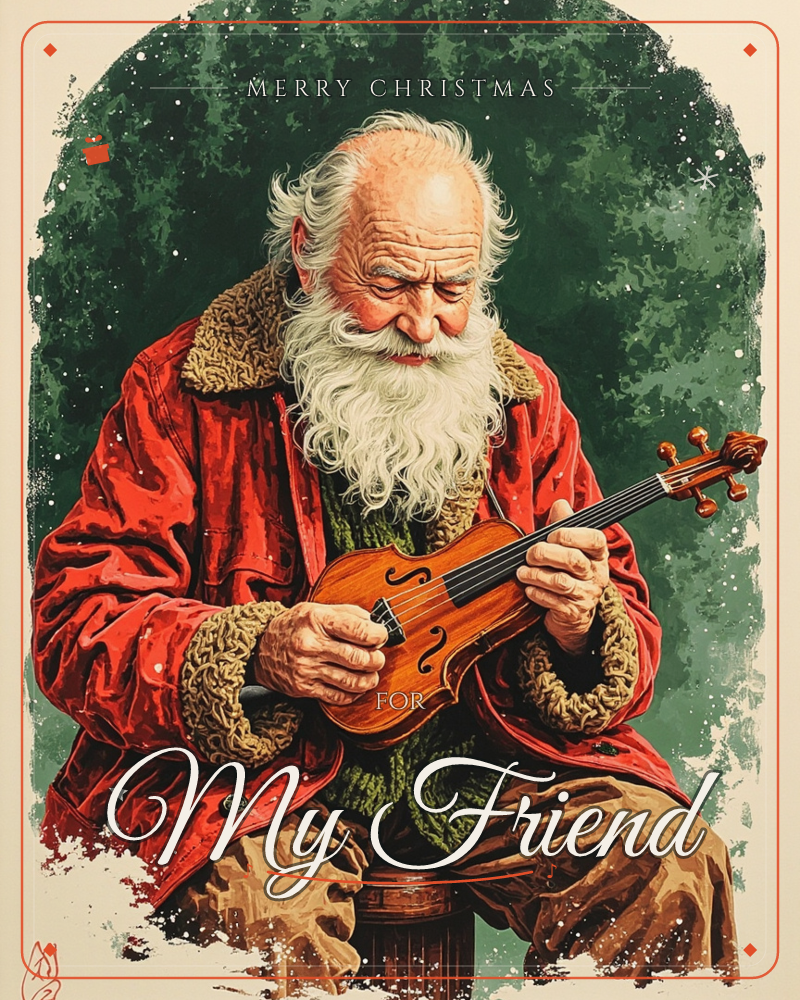 An elderly bearded man in a red fur-trimmed coat sits on a barrel, tenderly playing a small violin, snowflakes drifting around him against a deep green…, a christmas e-card design
