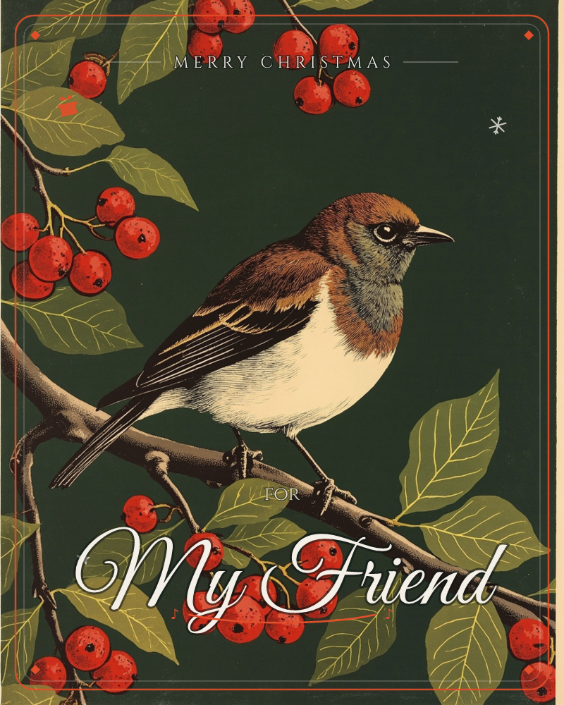 A russet-headed songbird with a cream belly and grey-blue throat perches on a berry-laden branch against a deep, dark green background, a christmas e-card design