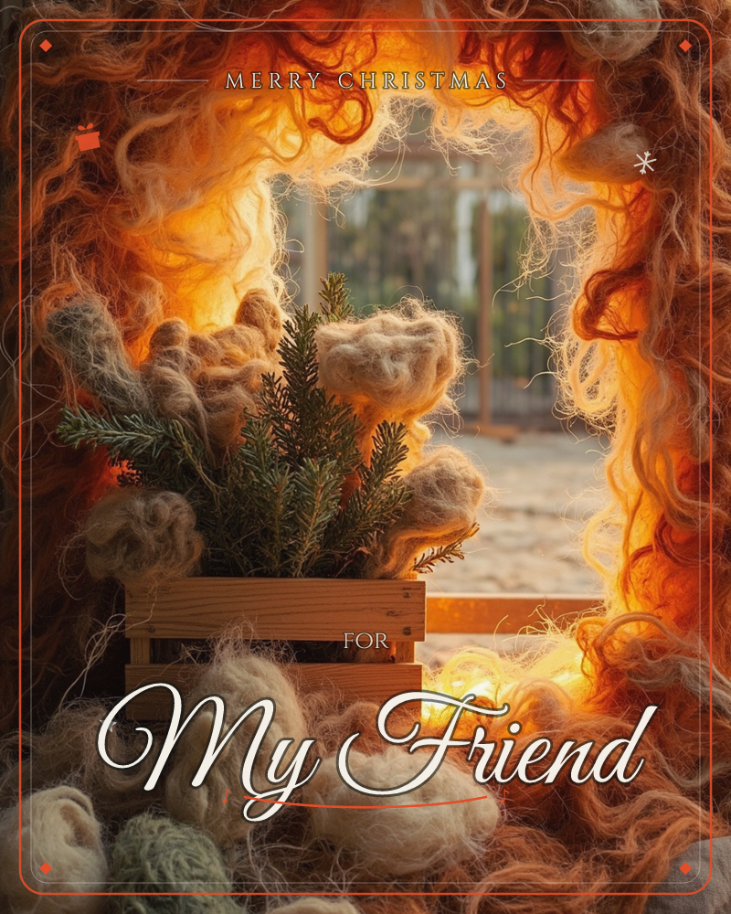A rustic wooden crate holds sprigs of fresh evergreen, nestled inside an archway built from tangled, curling wool in warm amber and cream tones, a christmas e-card design