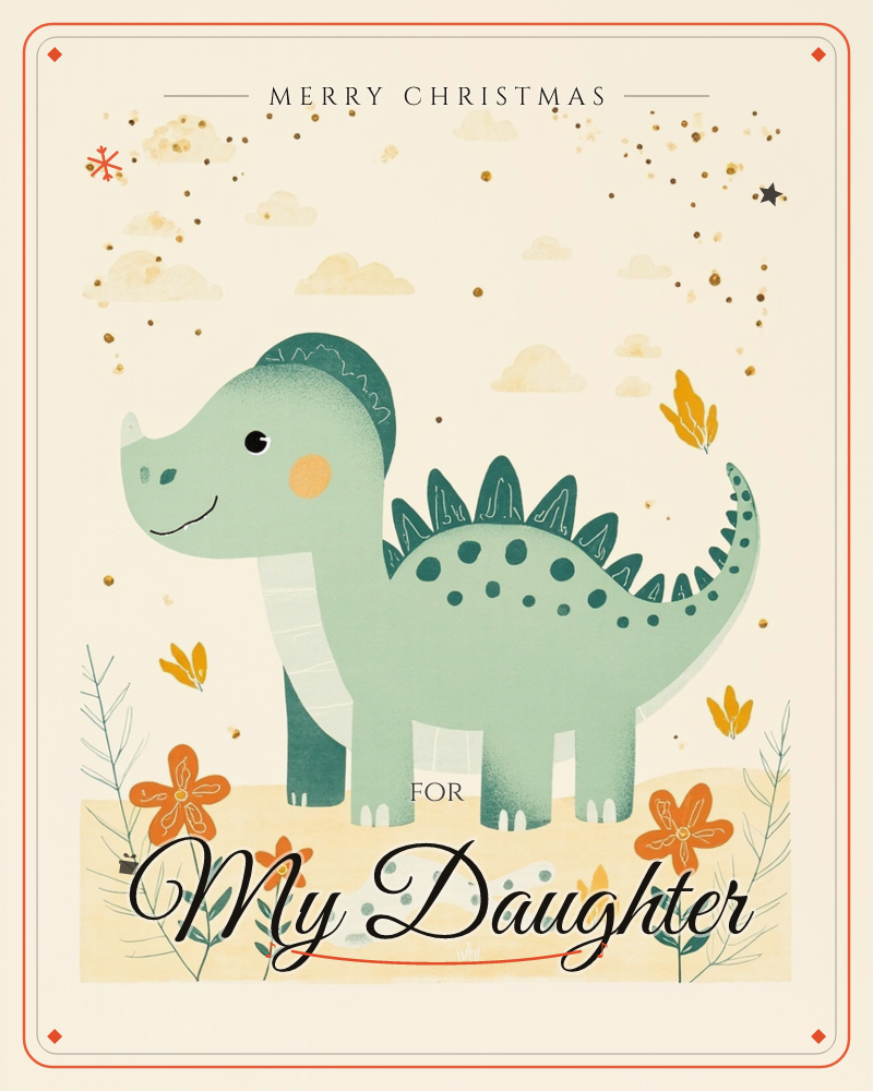 A cheerful sage-green dinosaur with a spiky teal crest and rounded belly stands smiling among orange and yellow wildflowers, its tail curling behind it, a christmas e-card design
