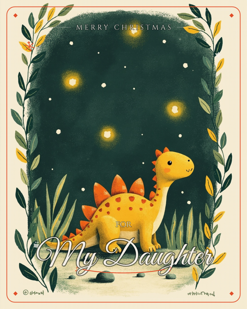 A small yellow stegosaurus with orange spots and spines stands on rocky ground under a deep green night sky dotted with stars and glowing fireflies, a christmas e-card design