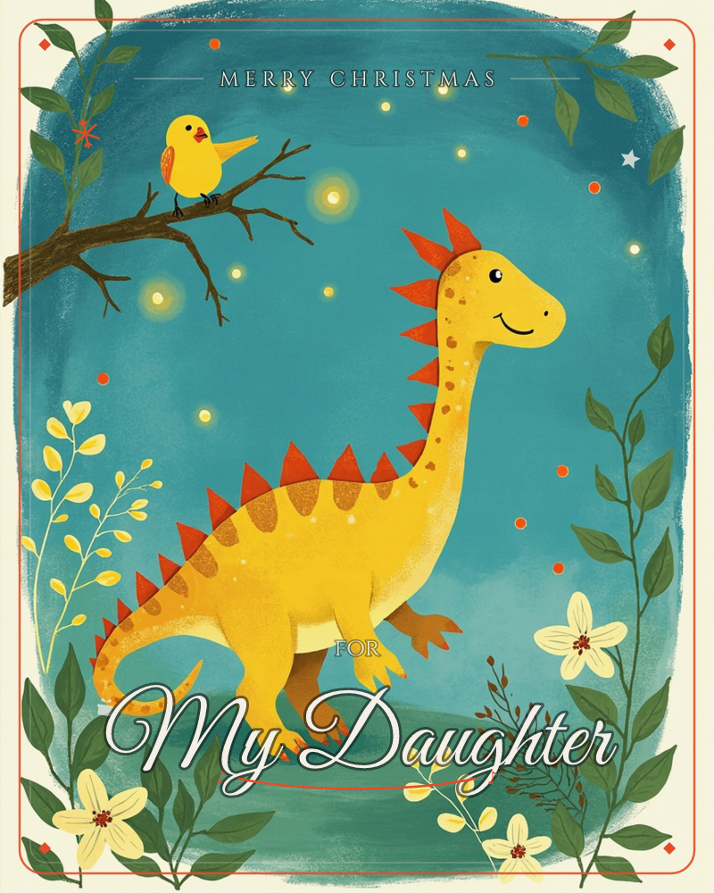 A cheerful yellow dinosaur with orange spikes down its back stands smiling against a deep teal night sky dotted with glowing fireflies, while a small…, a christmas e-card design