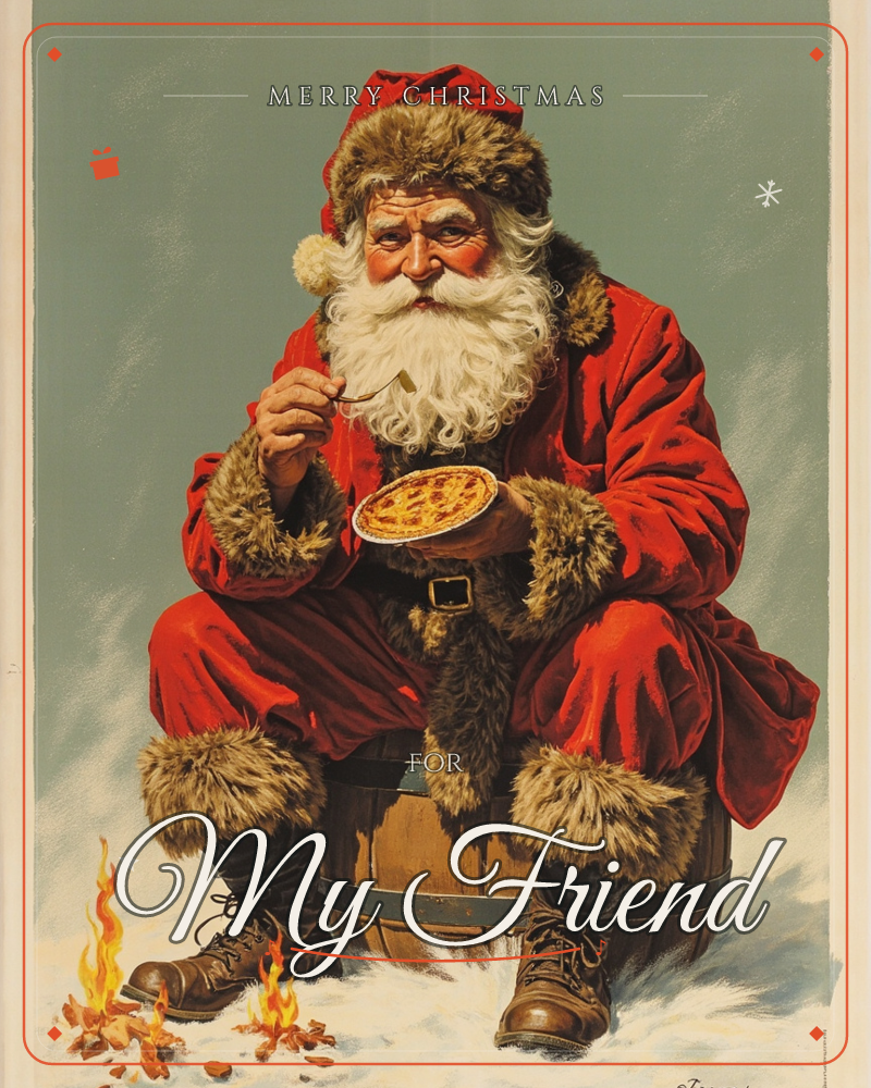 A vintage-style Santa in a fur-trimmed red suit sits on a wooden barrel in the snow, tucking into a small pie with a fork, a christmas e-card design