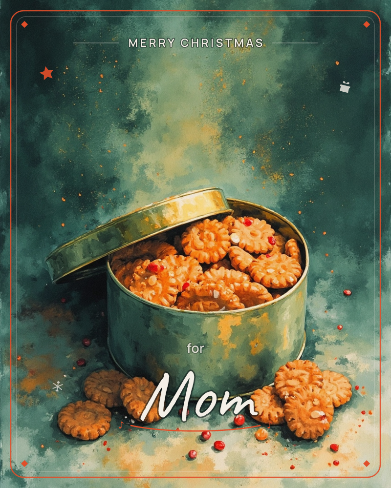 A round tin sits open against a mottled teal background, brimming with flower-shaped shortbread cookies studded with nuts and flecks of dried red berries, a christmas e-card design