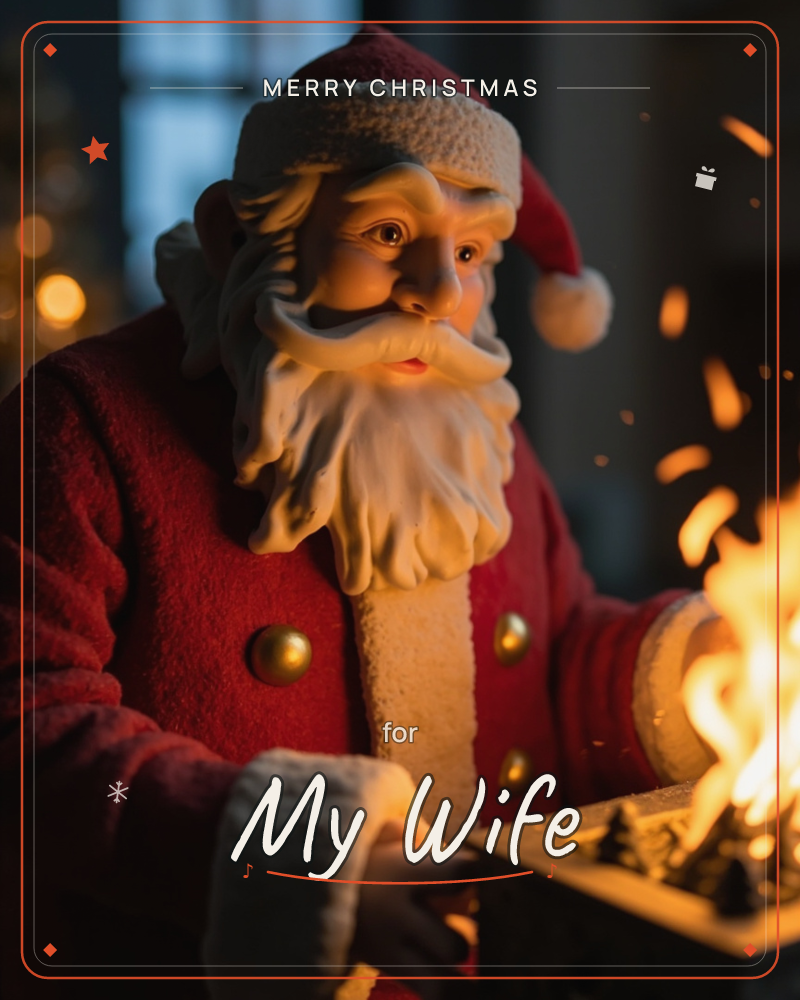 A Santa figurine in a red fur-trimmed coat and cap leans close to a small flickering flame rising from a tabletop hearth ornament, its glow lighting…, a christmas e-card design