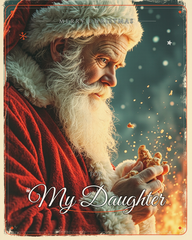 A close-up profile portrait of Santa Claus in his red fur-trimmed coat and hat, his long white beard catching a warm golden glow, a christmas e-card design