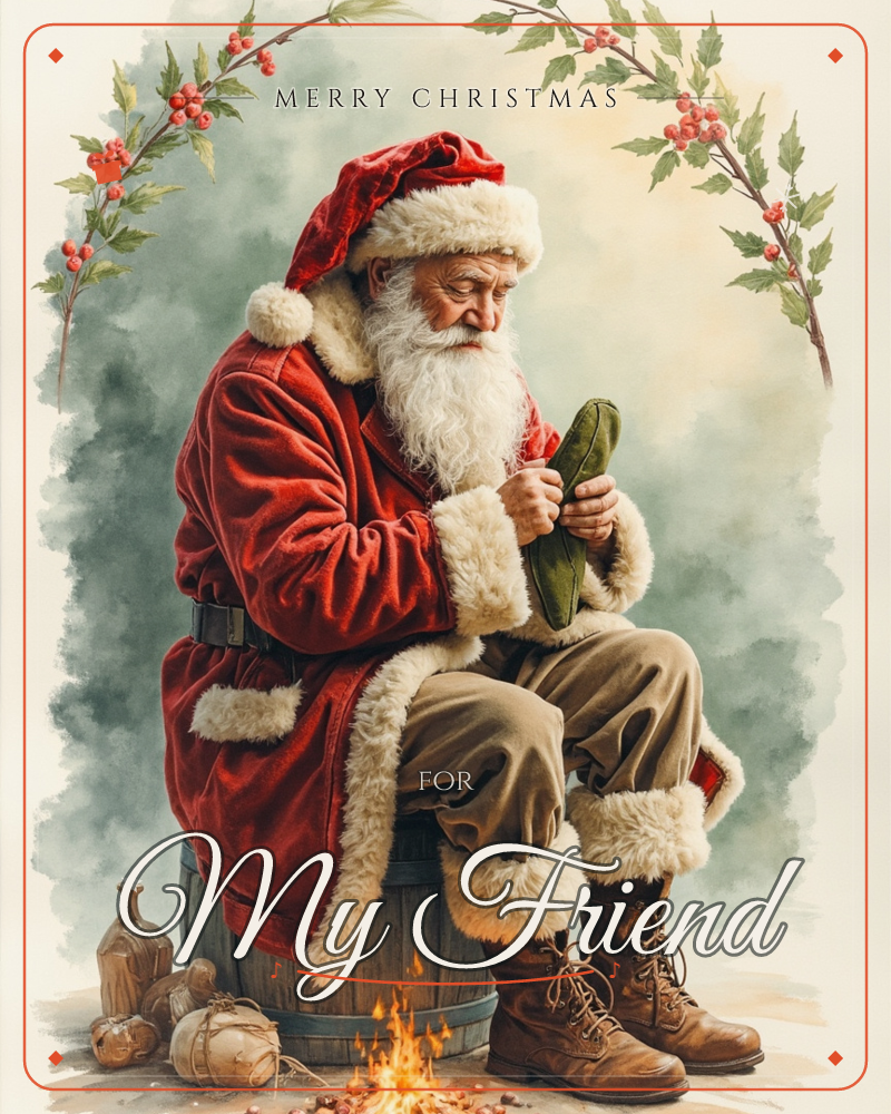 Santa sits on an old wooden barrel by a small campfire, red velvet coat trimmed with worn fur, carefully carving a small green object in his weathered…, a christmas e-card design