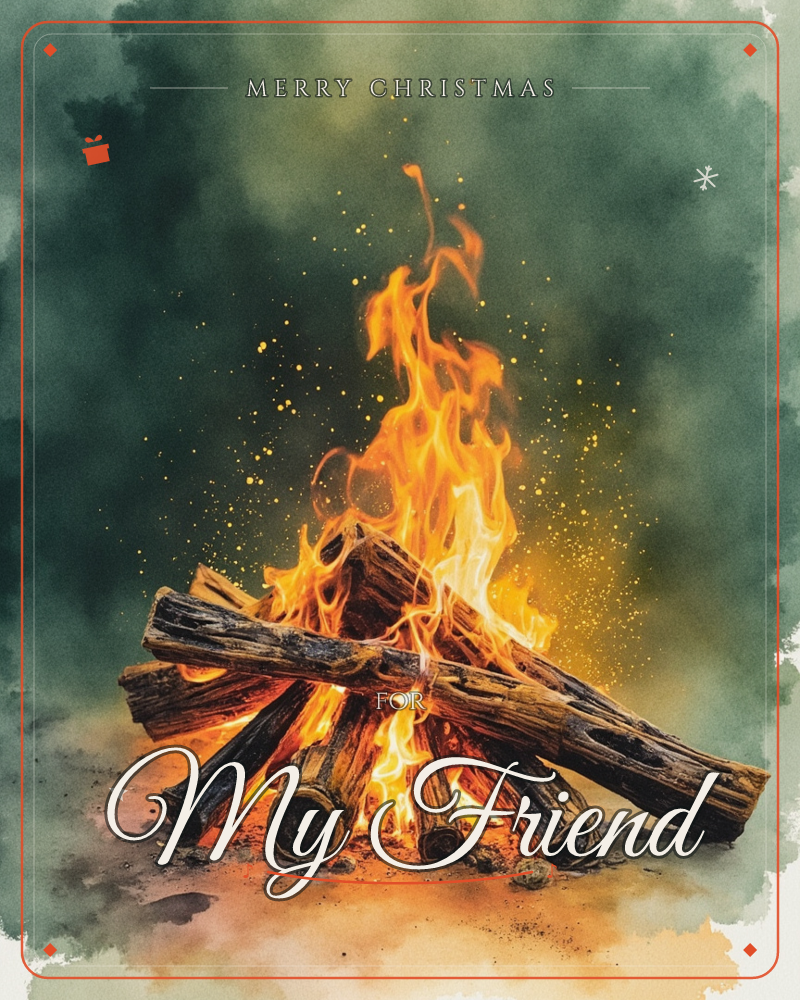 A stacked bonfire burns bright against a smoky, dark green backdrop, its orange flames curling upward with drifting embers and sparks, a christmas e-card design