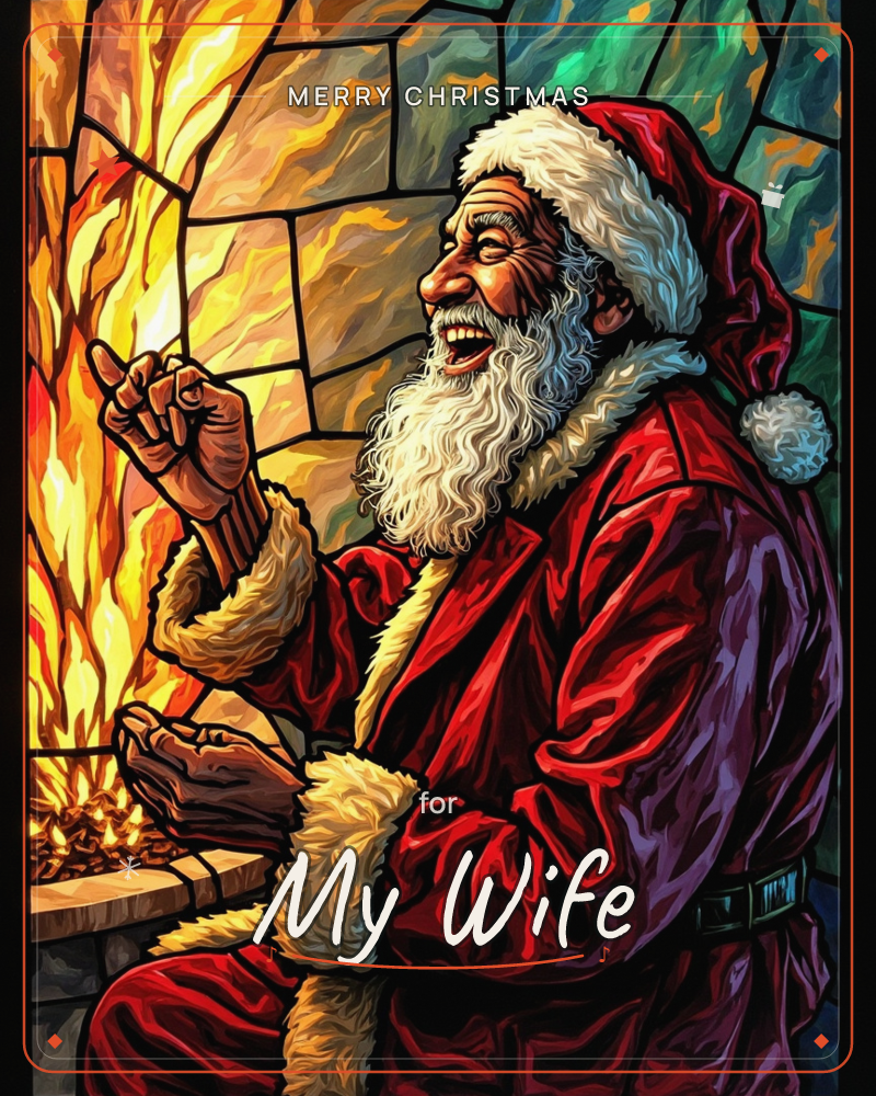 A stained-glass style illustration shows Santa Claus warming himself beside a roaring stone fireplace, his head tipped back in hearty laughter, a christmas e-card design