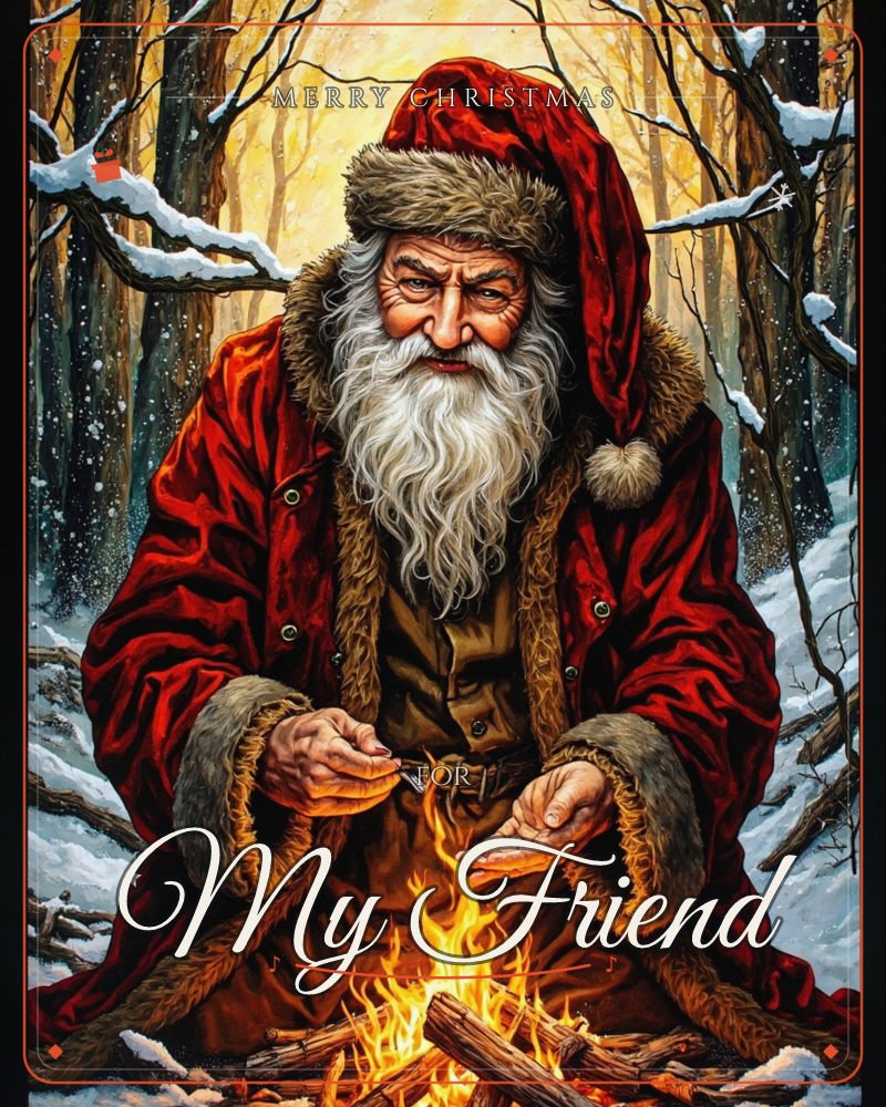 A weathered old man in a fur-trimmed red coat and hat kneels in a snowy forest, warming his open hands over a crackling campfire, a christmas e-card design