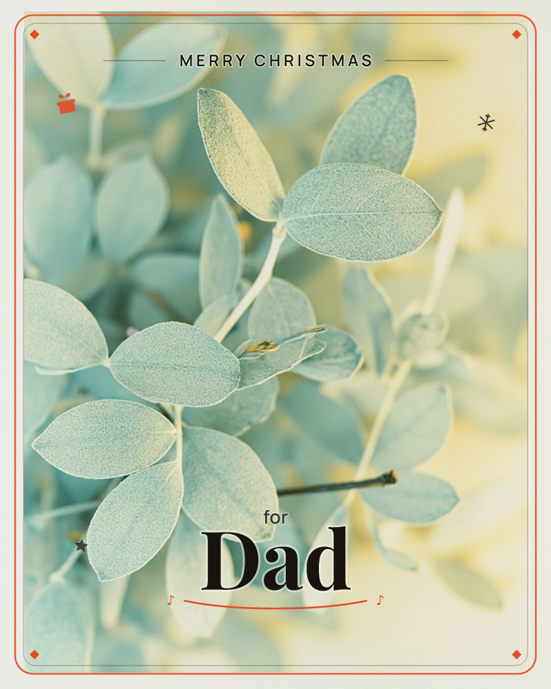 A close-up photograph of eucalyptus sprigs, their oval leaves rendered in soft powdery blue-green against a warm, hazy golden background, a christmas e-card design