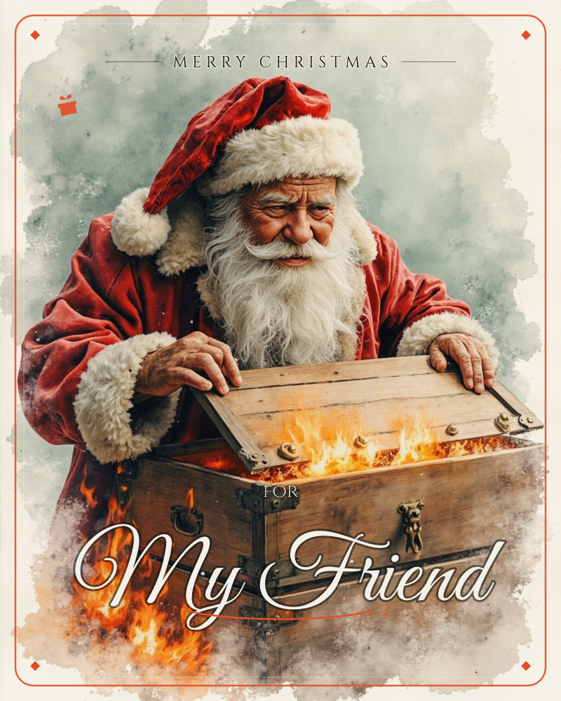 Santa Claus, in his red fur-trimmed coat and hat, leans over an old wooden chest that has burst open with glowing flames and smoke curling out from…, a christmas e-card design