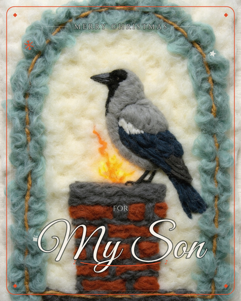 A needle-felted bird with a black head and navy wings perches on a little brick chimney with a curl of orange flame rising behind it, all set against a…, a christmas e-card design