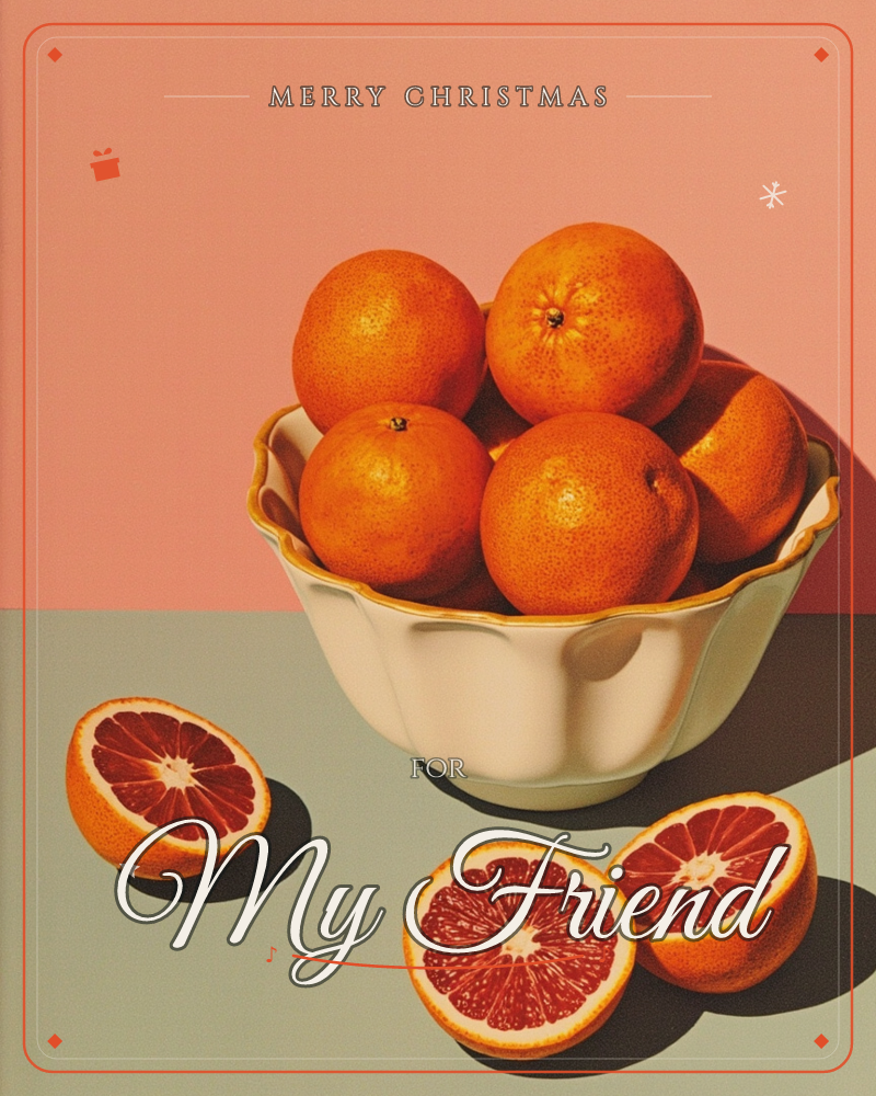 A scalloped white bowl holds a mound of blood oranges against a flat coral-pink wall, sitting on a sage-green tabletop, a christmas e-card design