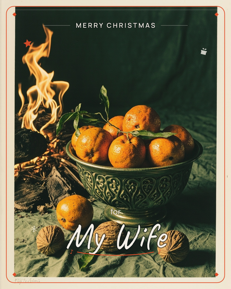 A dark, moody still life shows a carved metal bowl heaped with glossy clementines and their leaves, set against a deep green cloth backdrop beside a…, a christmas e-card design