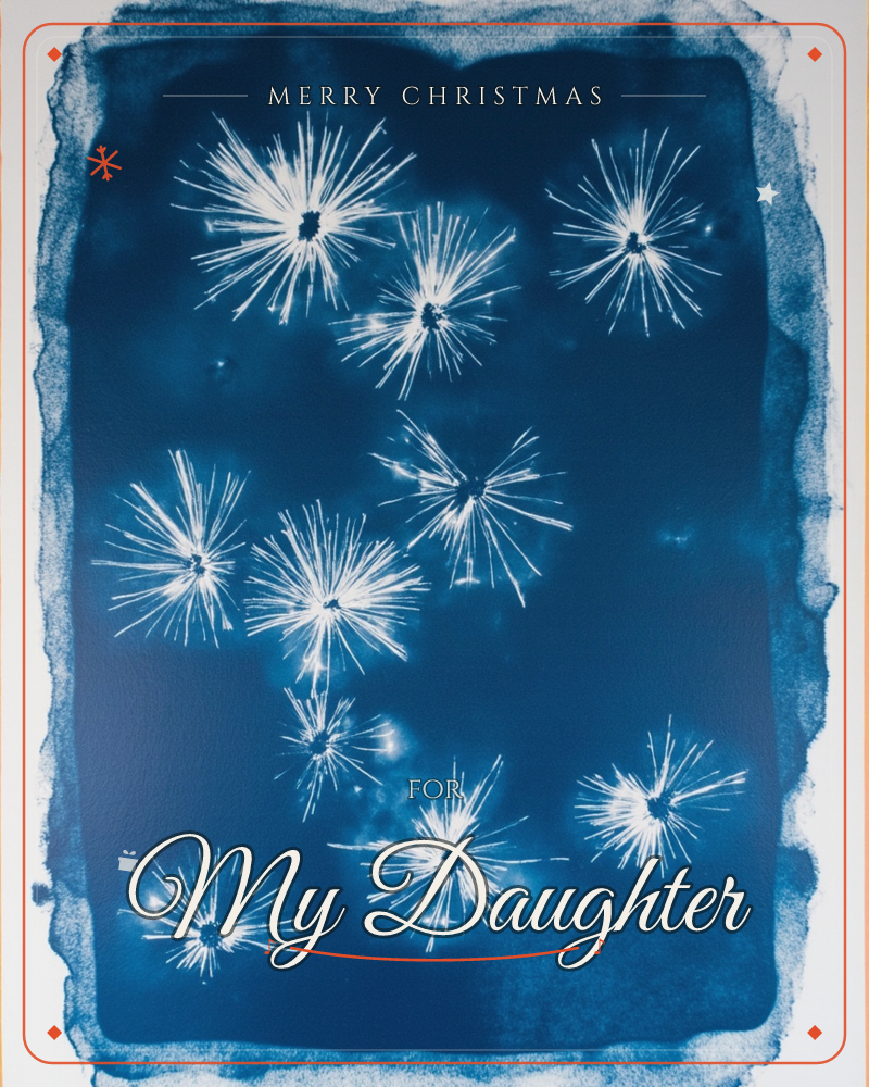 A cyanotype-style print shows a burst of white firework-like starbursts scattered across a deep indigo background, their rays radiating outward like…, a christmas e-card design