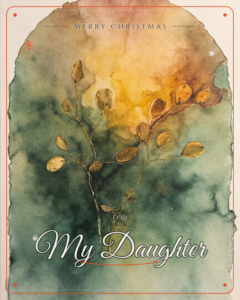 An arched watercolour panel with a torn, deckled edge shows a slender branch of golden seed pods rising against a moody wash of deep teal and green…, a christmas e-card design