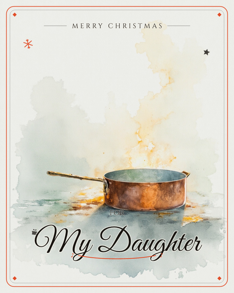 A copper saucepan with a long brass handle sits centre-stage, its rim glowing amber as if catching the last of the stove's heat, with soft plumes of…, a christmas e-card design