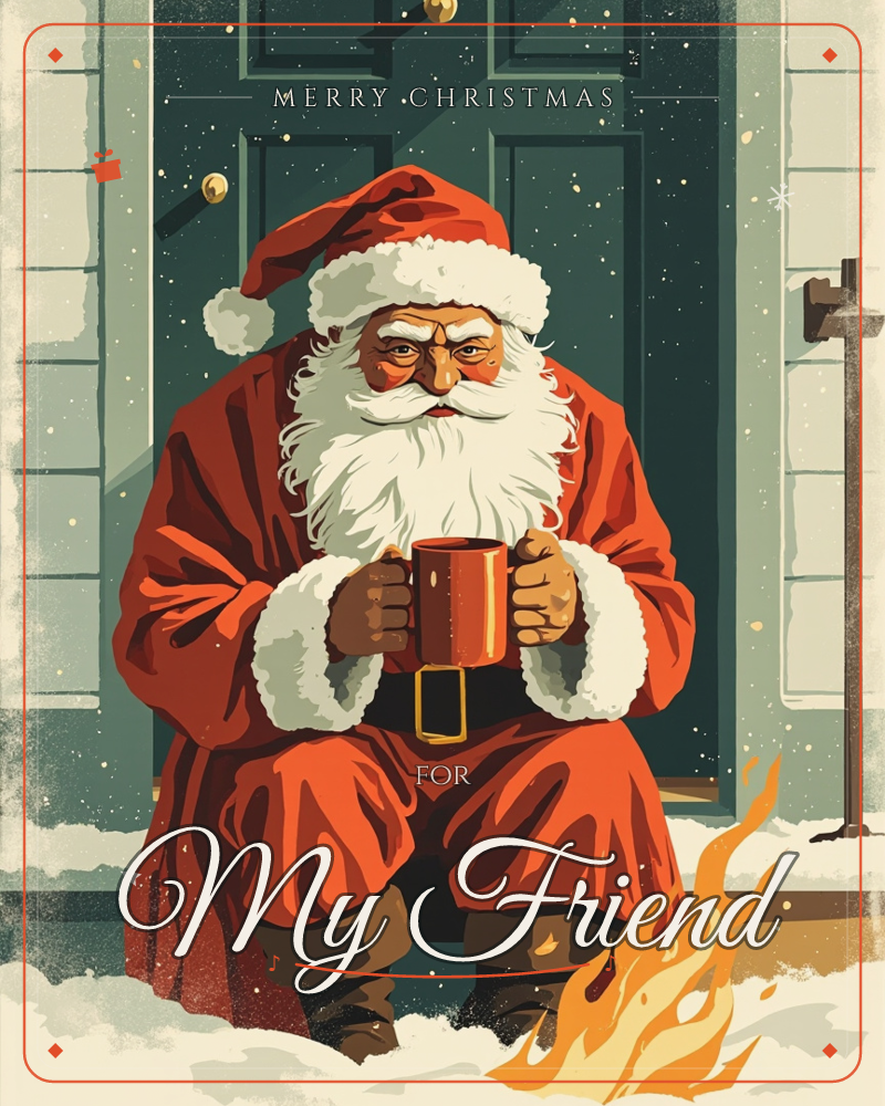 Santa sits hunched on a snowy doorstep against a dark green paneled door, cradling a warm mug in both hands, a christmas e-card design