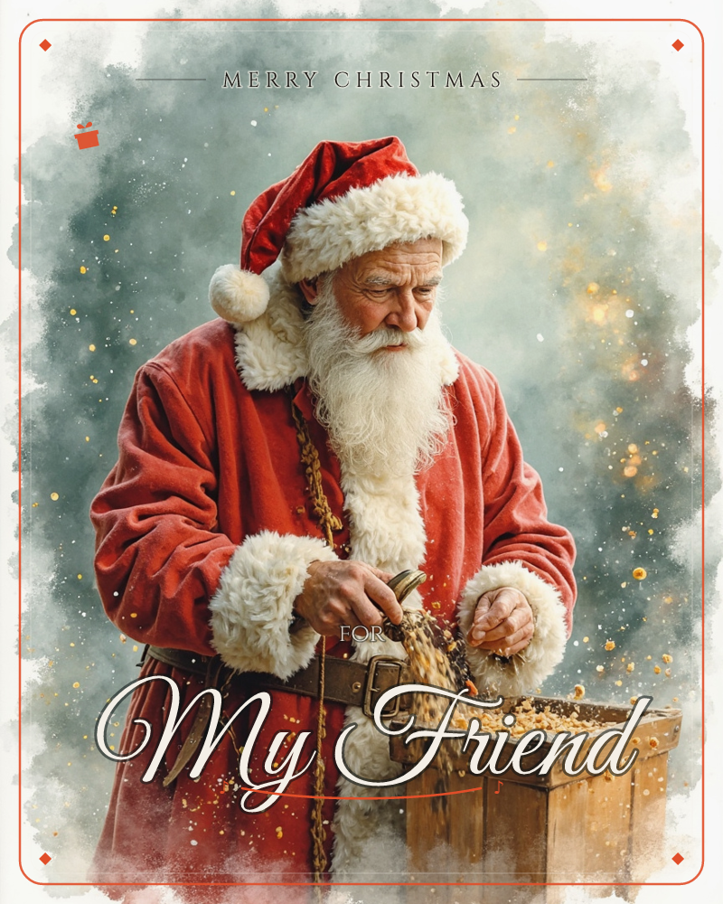 Santa Claus stands in a misty, muted green backdrop flecked with golden sparkles, pouring a stream of glittering golden grain or coins from his hands…, a christmas e-card design