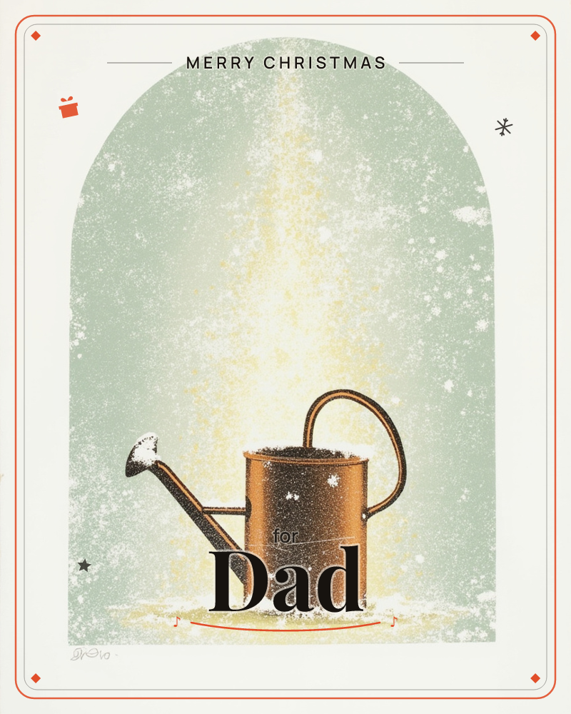 A copper watering can sits dusted with snow inside an arched niche, its surface speckled with frost and a soft golden light glowing behind it like sun…, a christmas e-card design
