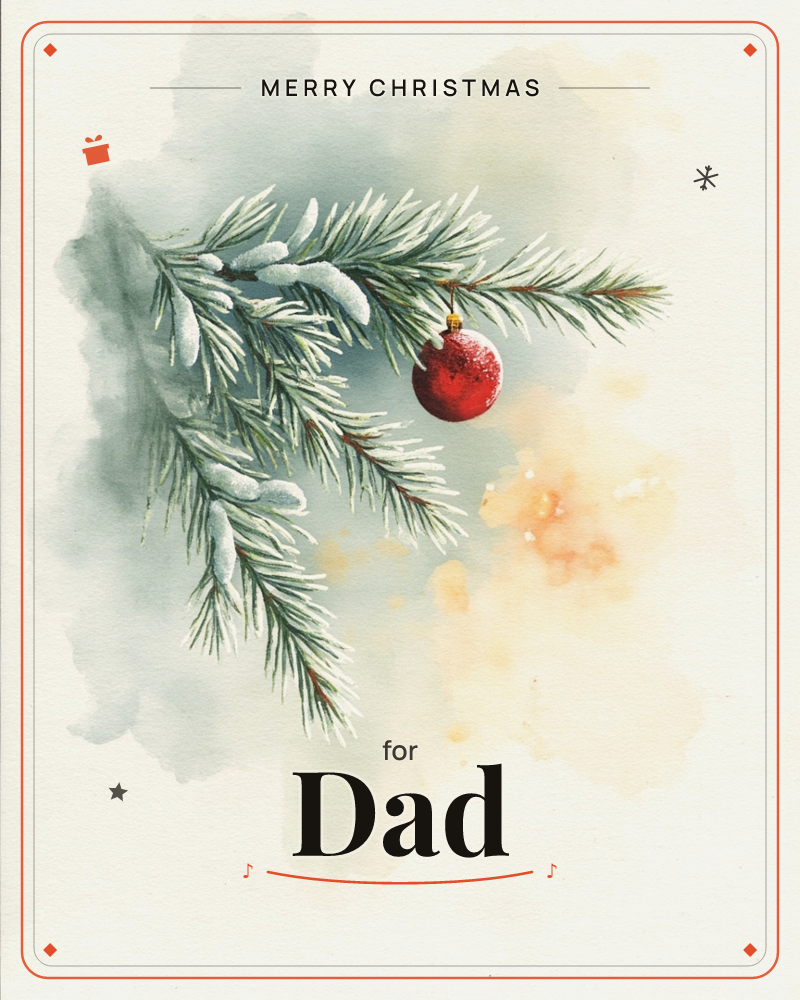 A snow-dusted pine branch stretches across a soft watercolour wash, with a single glittering red bauble hanging from a golden thread, a christmas e-card design