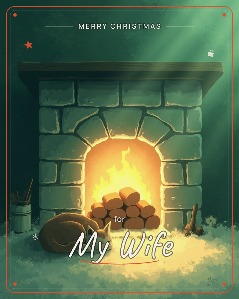 A stone fireplace glows with stacked logs and bright orange flames, the only warmth in an otherwise deep green, shadowy room, a christmas e-card design