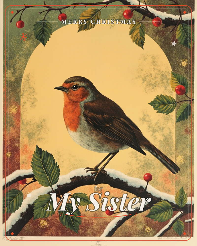 A robin with a bright orange breast perches on a snow-dusted branch, framed by an arched glow of warm cream light, a christmas e-card design