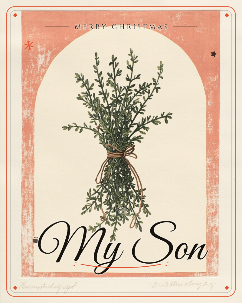 A bundle of dark green herb sprigs hangs tied with a loosely looped brown ribbon, set against a cream archway framed by a textured coral-pink border, a christmas e-card design