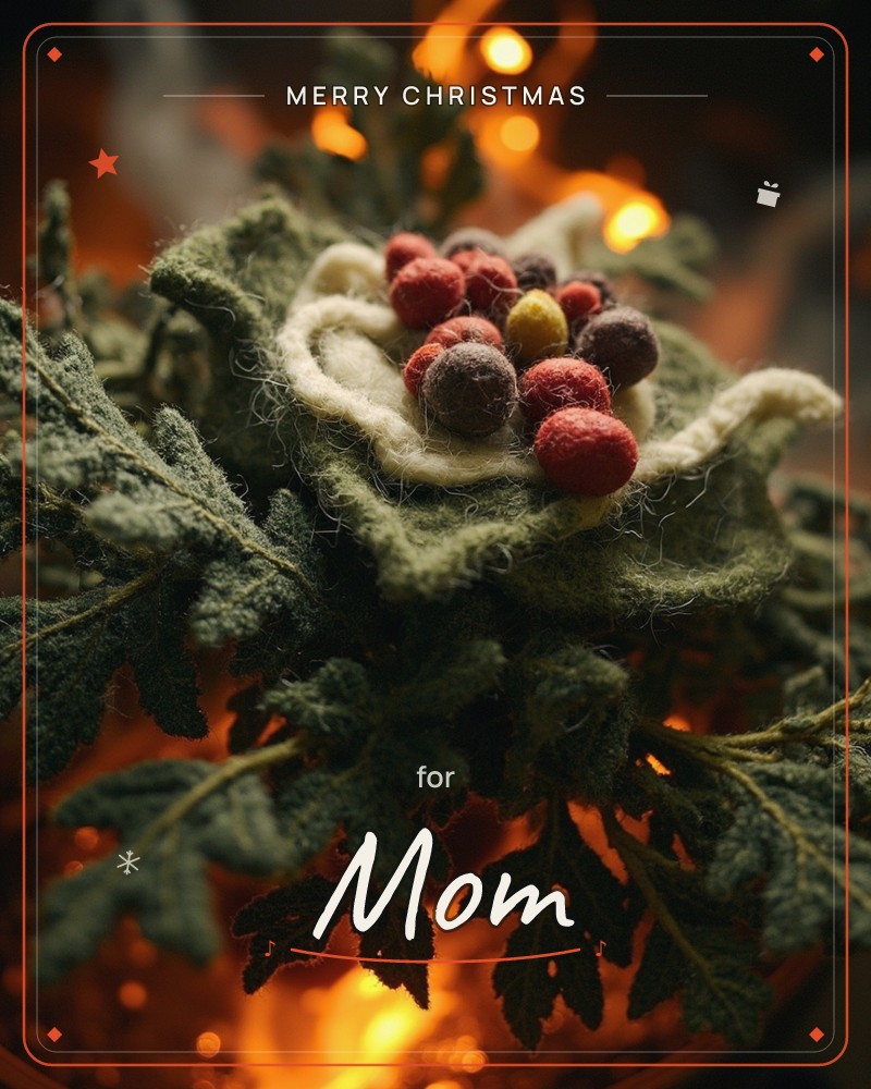 A close-up of a handmade felt flower ornament with cream petals cradling small berry-like pom-poms in red, plum, and mustard, nestled among sprigs of…, a christmas e-card design