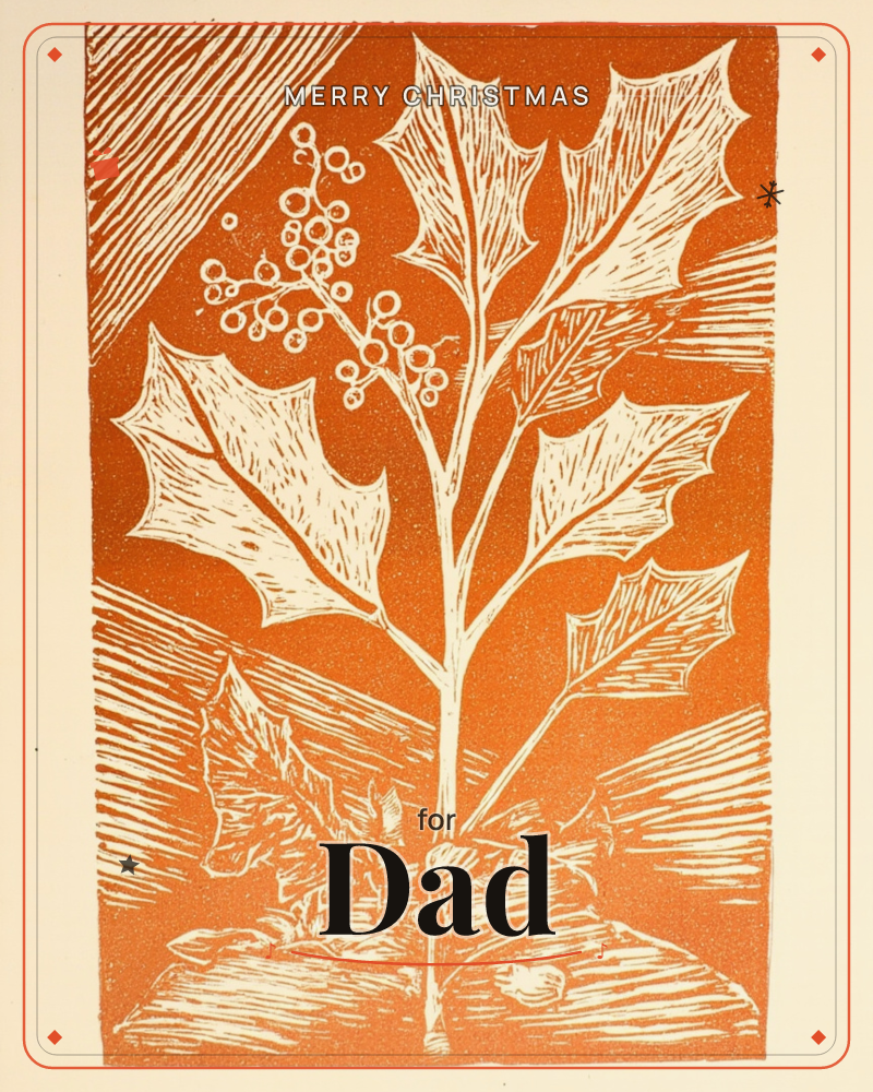 A linocut print shows a single holly sprig with sharp-edged leaves and a cluster of berries, carved in bold white lines against a rich burnt-orange…, a christmas e-card design