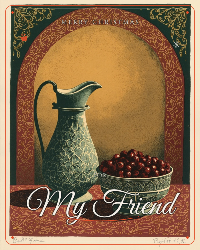 A crackle-glazed pitcher and a bowl heaped with dark cherries sit on a patterned cloth, framed by an ornate arch of deep red and gold scrollwork, a christmas e-card design