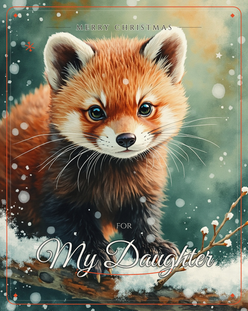 A young red panda perches on a snow-dusted branch, its rust-orange fur and white-fringed ears rendered in soft, detailed brushwork against a hazy…, a christmas e-card design
