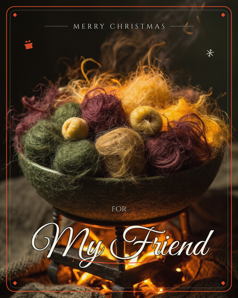 A wide, dark bowl brims with tangled skeins of raw fibre in mustard yellow, burgundy, olive and cream, set atop a little wooden stand glowing with…, a christmas e-card design