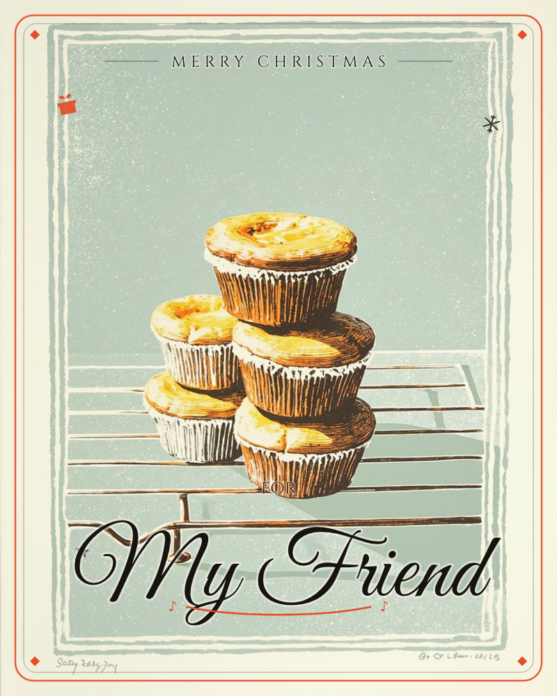A stack of golden-topped muffins in fluted paper cases is arranged on a wire cooling rack, set against a muted sage-green background with a hand-drawn…, a christmas e-card design
