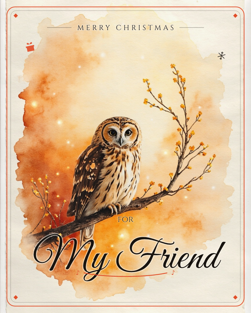 An owl with mottled brown and cream feathers perches on a bare branch, staring straight out with wide golden eyes, a christmas e-card design