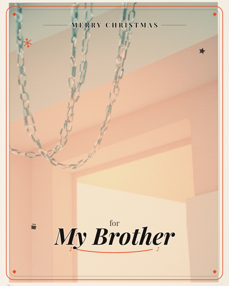 A photographic shot looking up into the corner of a softly lit room, where three delicate paperclip-style chains hang and swag across the frame, a christmas e-card design