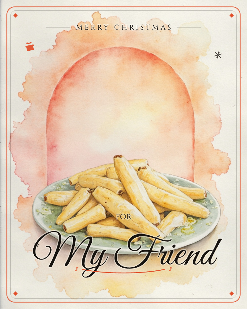 A painted plate is piled high with golden fried rolls, glistening slightly with oil, set against a soft watercolour arch of coral and peach that glows…, a christmas e-card design