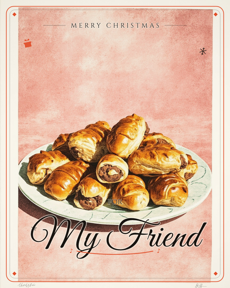 A heaped plate of golden chocolate pastries sits against a mottled dusty pink backdrop, each roll glistening with flaky, buttery layers and a dark…, a christmas e-card design